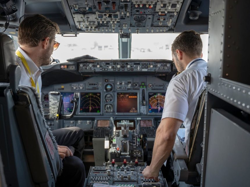 Dois pilotos operam os sistemas e instrumentos de um cockpit de avião comercial.